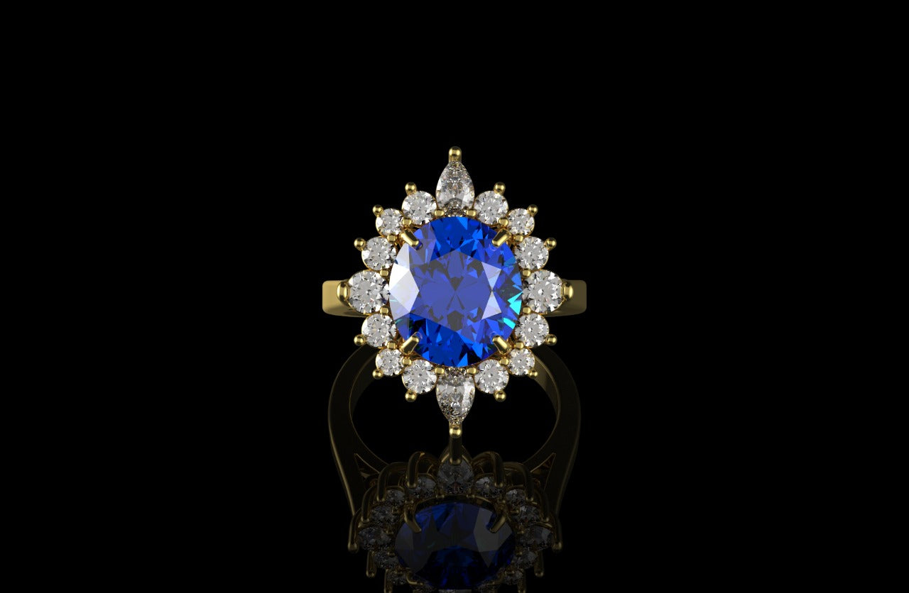 14k yellow gold custom blue sapphire oval diamond ring