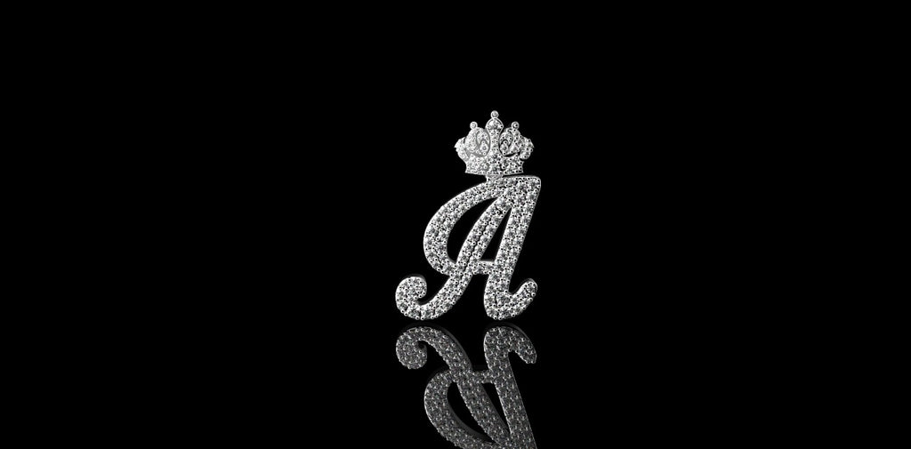14K WHITE GOLD CUSTOM DIAMOND INTIAL "A" WITH "DIAMOND CROWN" STYLE PENDANT