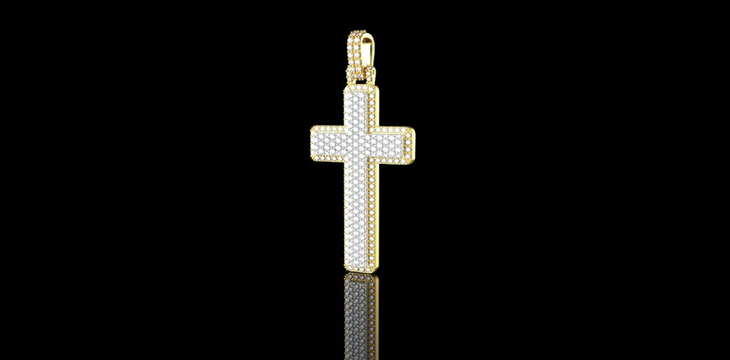 14K 2 TONE YELLOW AND WHITE GOLD MEDIUM DOUBLE LAYER CUSTOM CROSS DIAMOND PENDANT