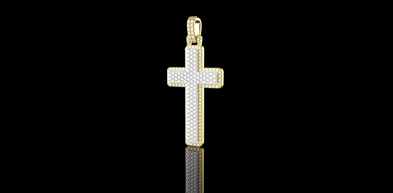 14K 2 TONE YELLOW AND WHITE GOLD MEDIUM DOUBLE LAYER CUSTOM CROSS DIAMOND PENDANT