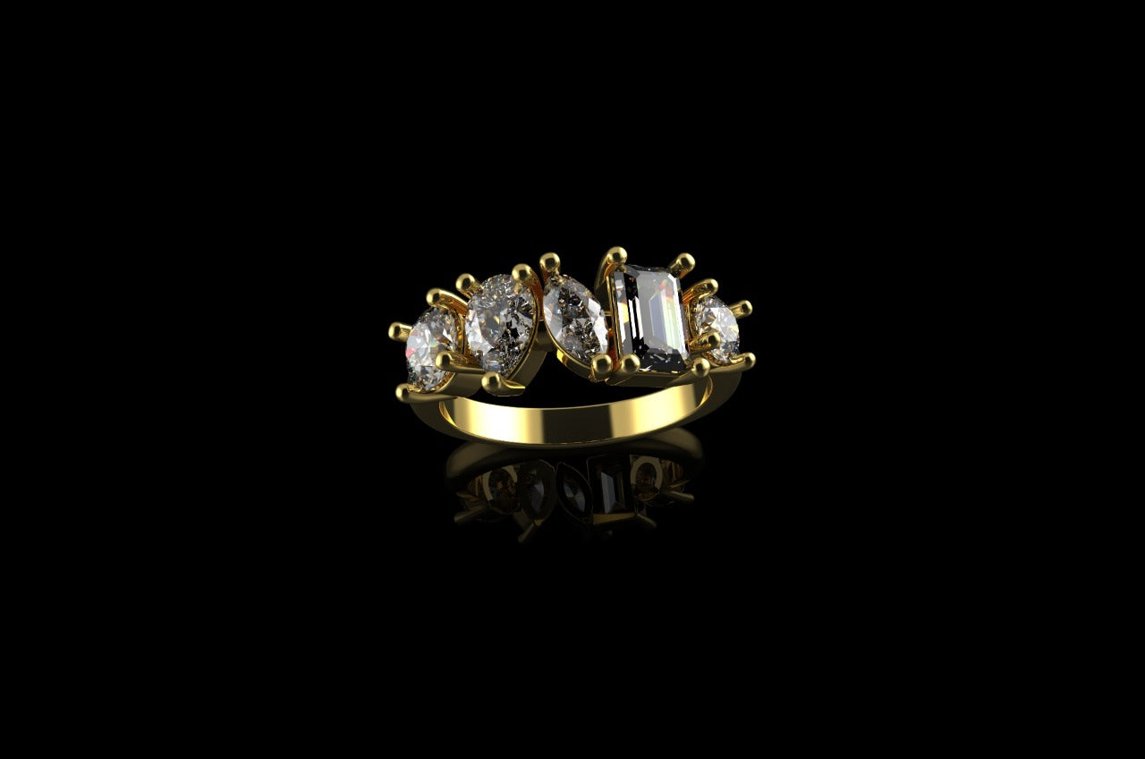 14k yellow gold custom multi shape stone diamond ring