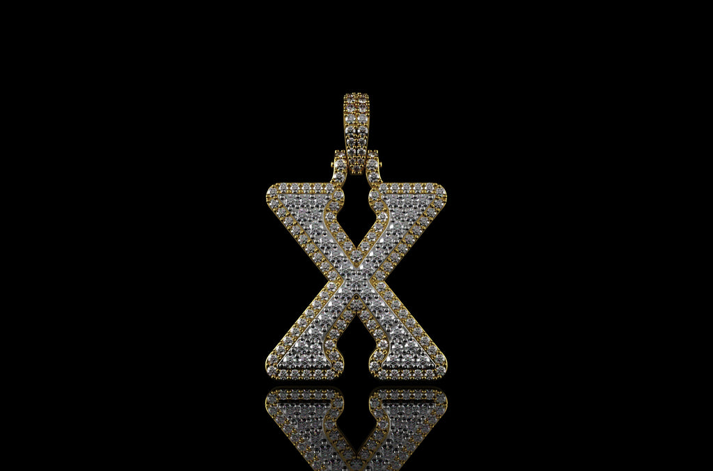 14k 2 tone yellow and white gold double layer initial X diamond pendant