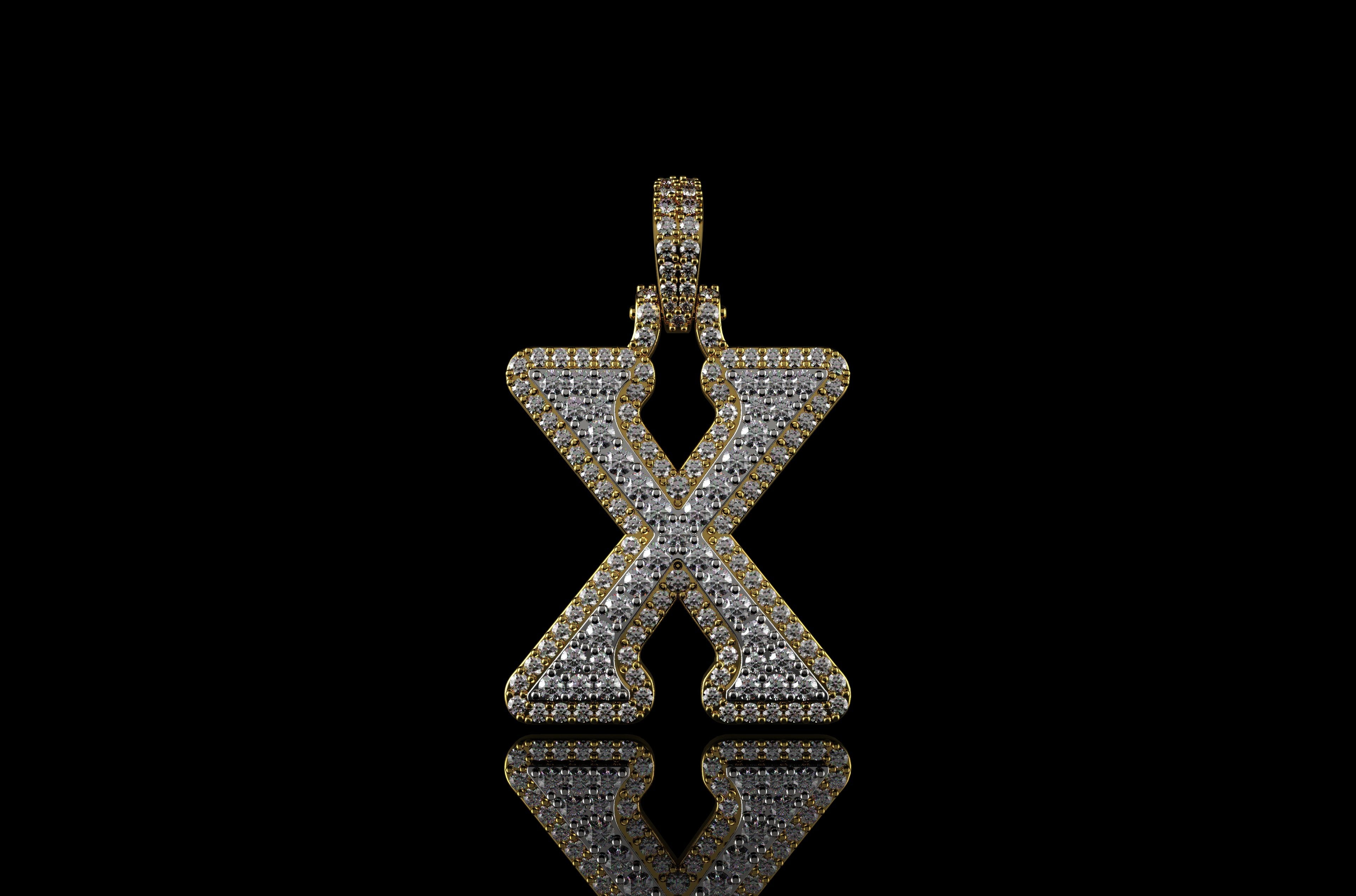 14k 2 tone yellow and white gold double layer initial X diamond pendant
