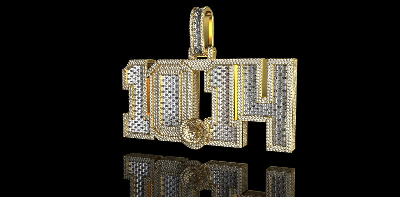 14K 2 TONE YELLOW AND WHITE GOLD DOUBLE LAYER CUSTOM "1014" STYLE BAGUETTE DIAMOND PENDANT