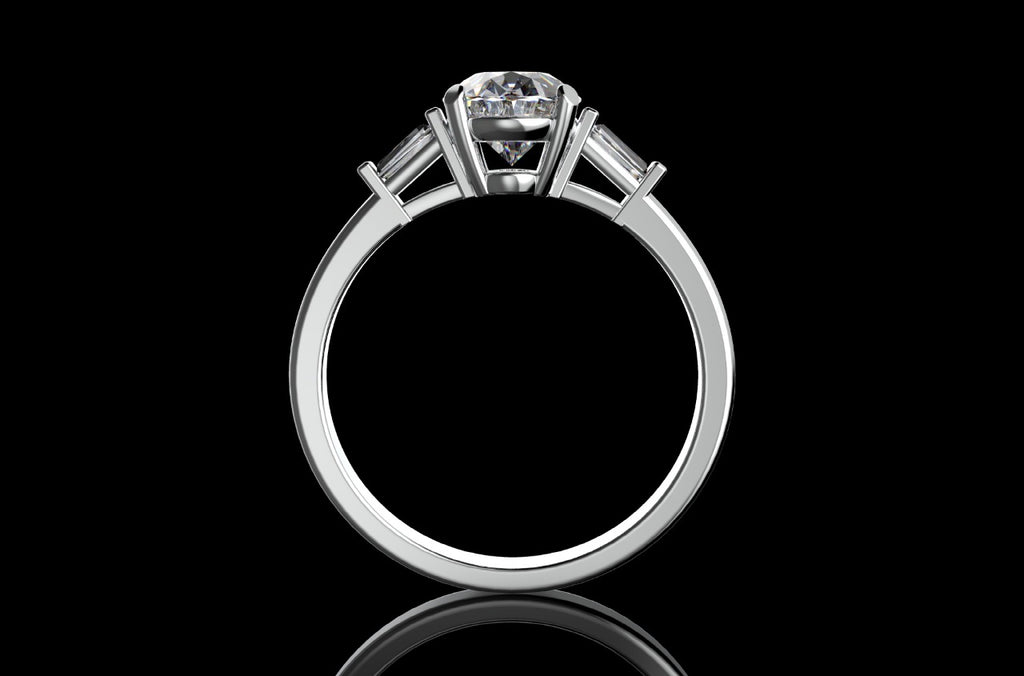 18k white gold custom made oval shape diamond engagement ring with tapered baguette side accent diamonds