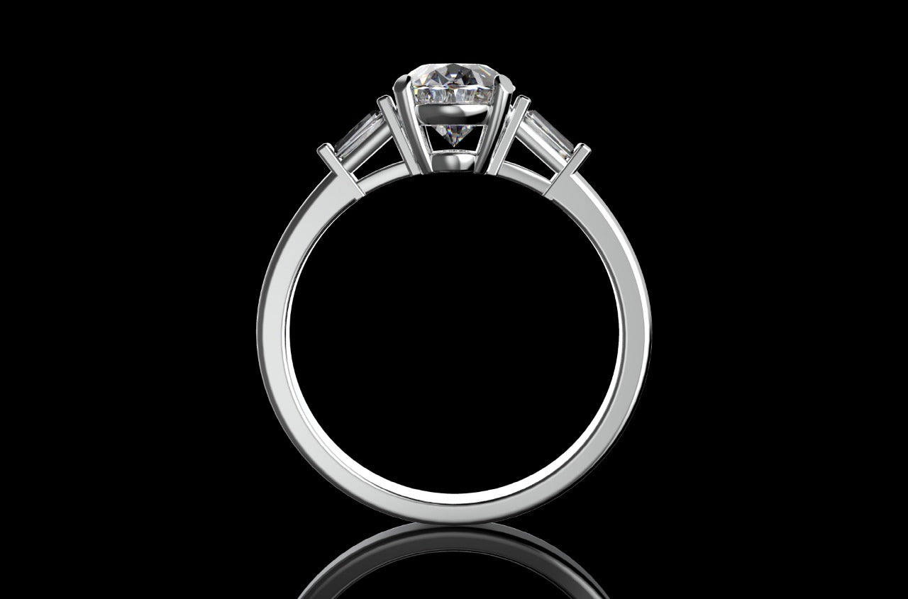 18k white gold custom made oval shape diamond engagement ring with tapered baguette side accent diamonds
