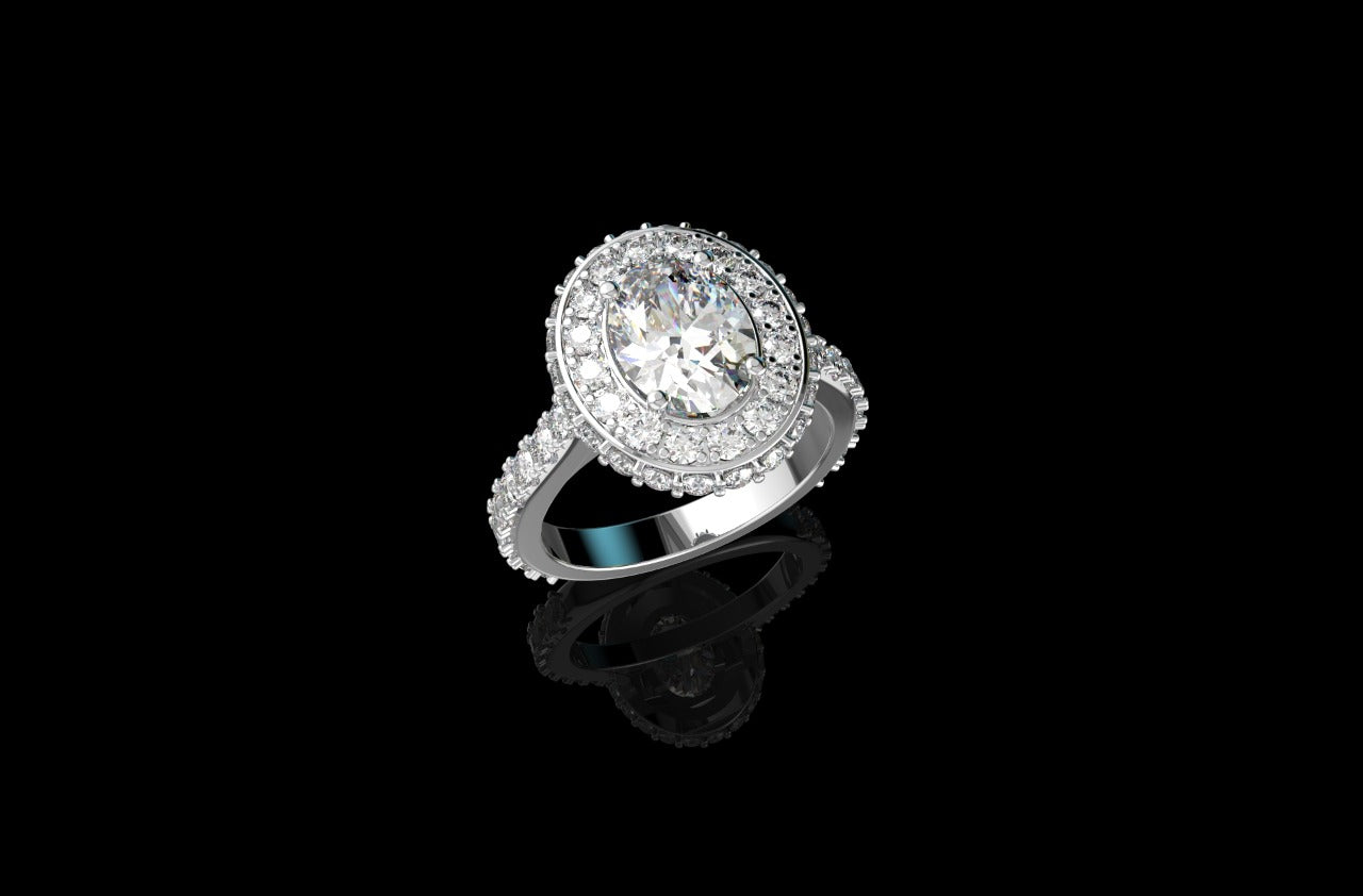 18k white gold oval hidden halo diamond engagement ring 3.12cts