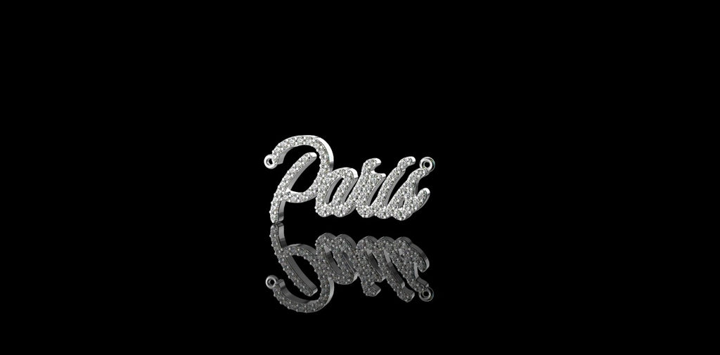 14k white gold Script "Paris" style custom diamond pendant