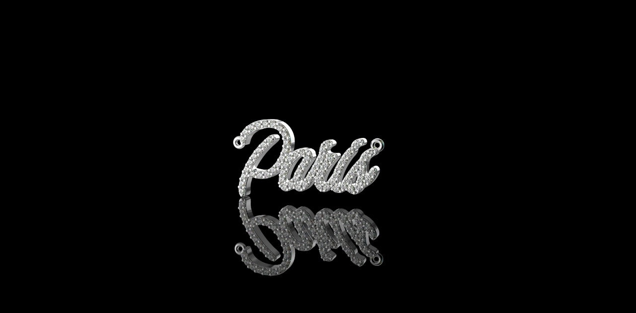 14k white gold Script "Paris" style custom diamond pendant