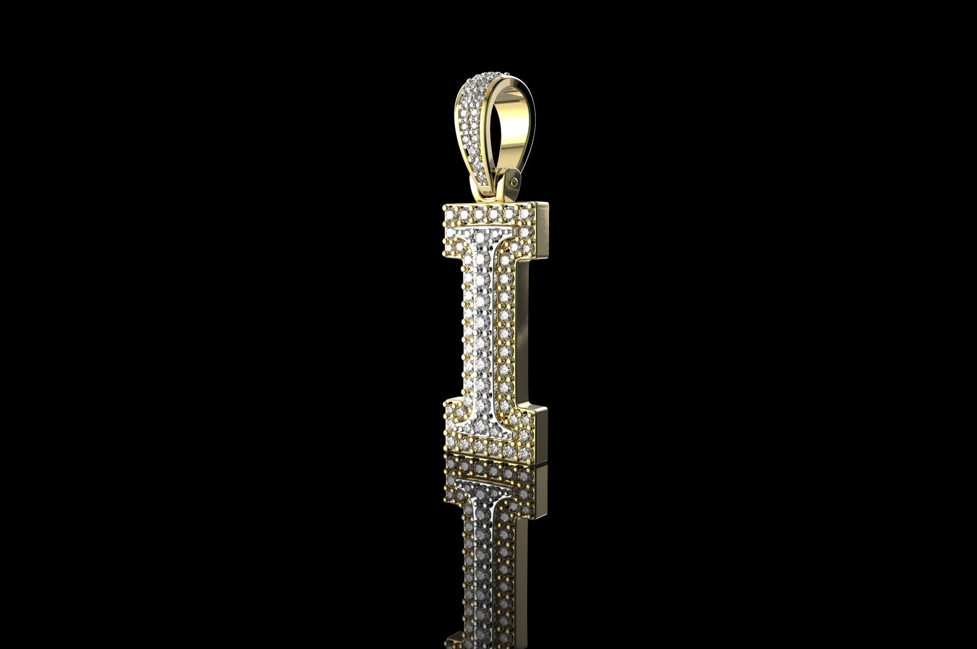 14k 2 tone yellow and white gold double layer initial I diamond pendant