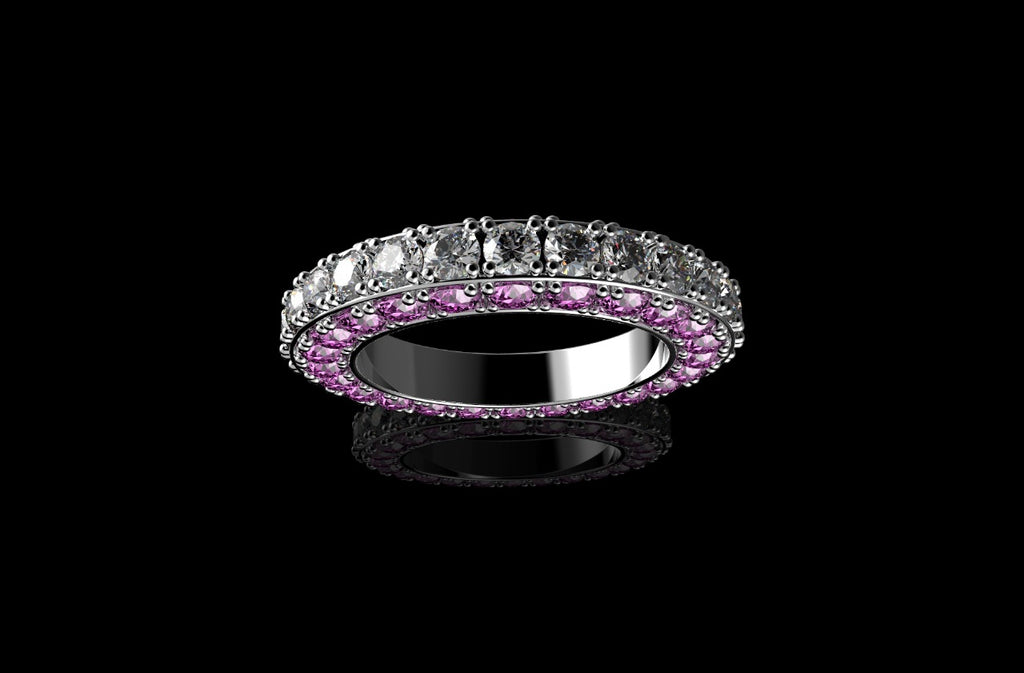 18k white gold custom 3 row 3d pink sapphire and diamond eternity band