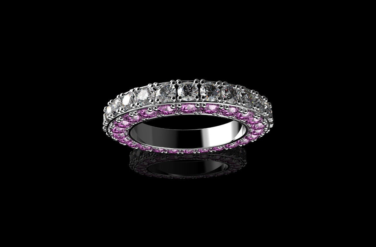 18k white gold custom 3 row 3d pink sapphire and diamond eternity band