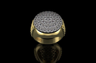 14k yellow gold round layered diamond cake ring with custom shank