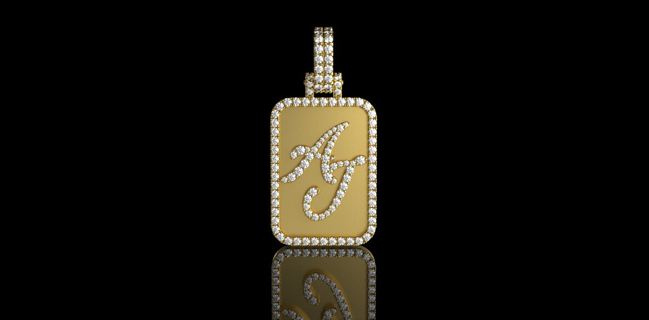 14K YELLOW GOLD CUSTOM "AJ" DOG TAG STYLE DIAMOND PENDANT