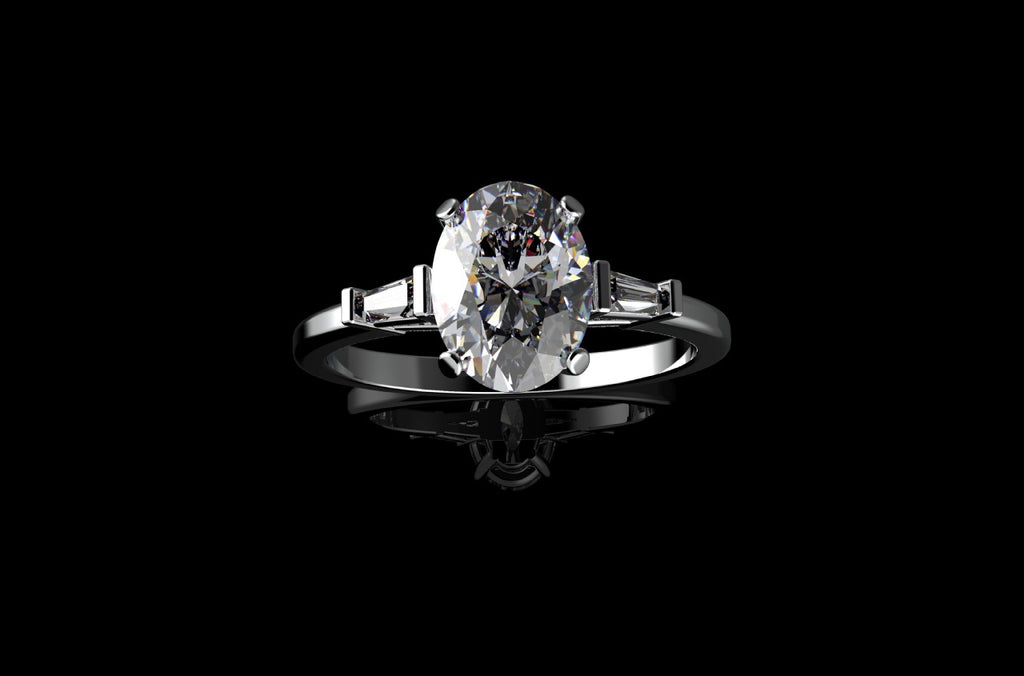 18k white gold custom made oval shape diamond engagement ring with tapered baguette side accent diamonds