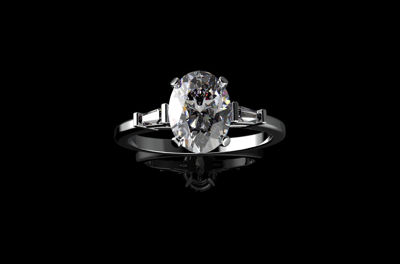 18k white gold custom made oval shape diamond engagement ring with tapered baguette side accent diamonds