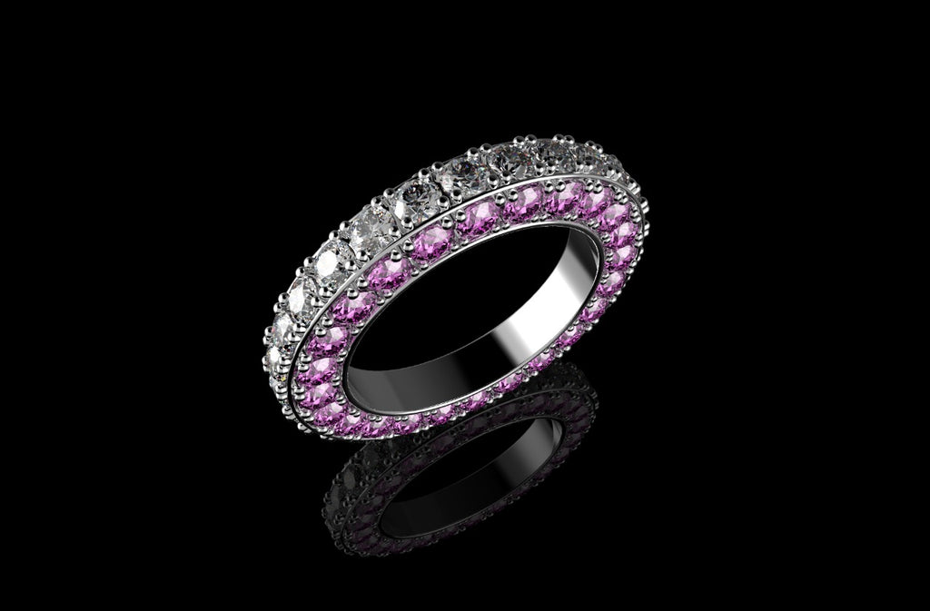 18k white gold custom 3 row 3d pink sapphire and diamond eternity band
