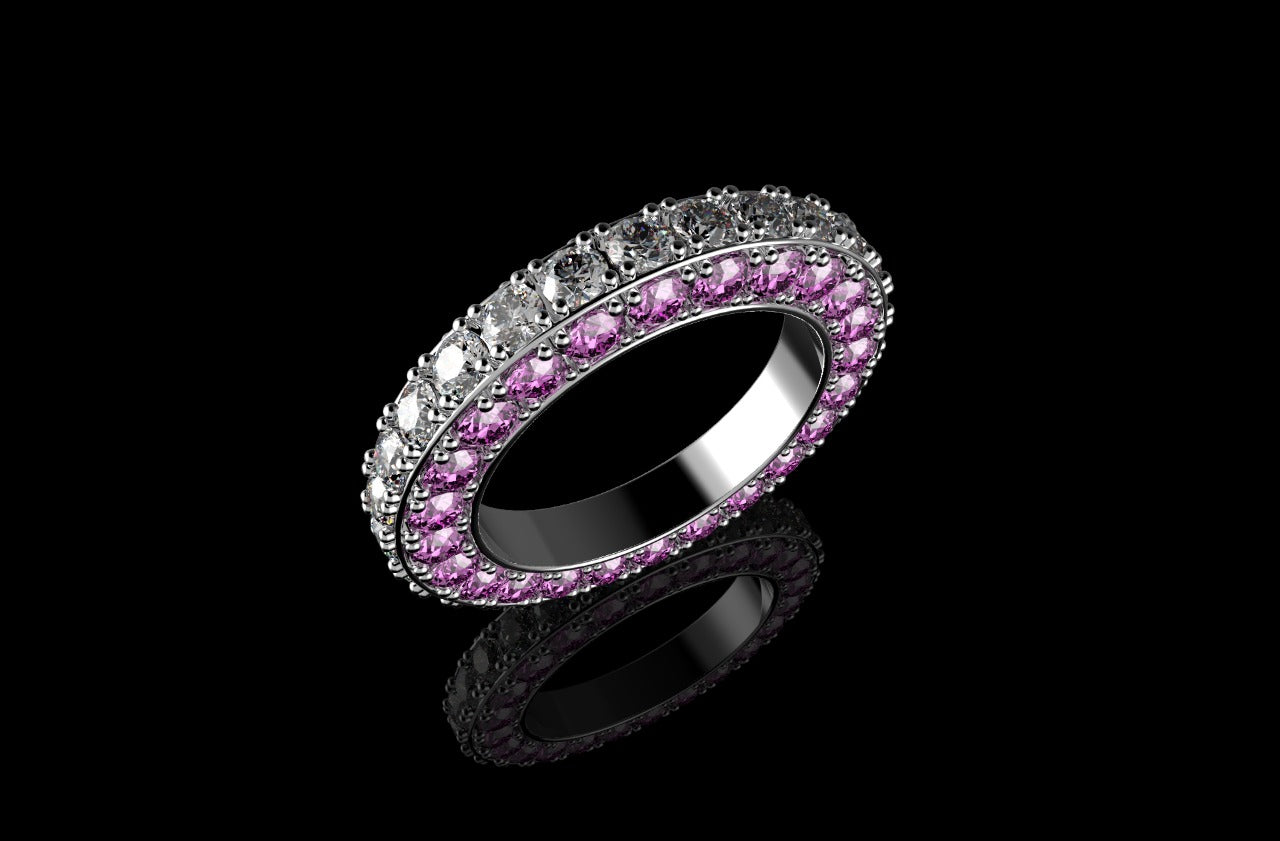 18k white gold custom 3 row 3d pink sapphire and diamond eternity band