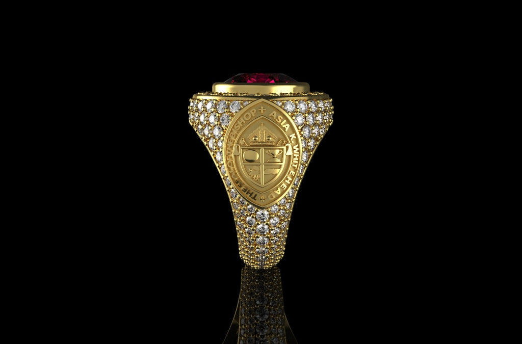 14k yellow gold mens custom made ruby bishop style diamond ring