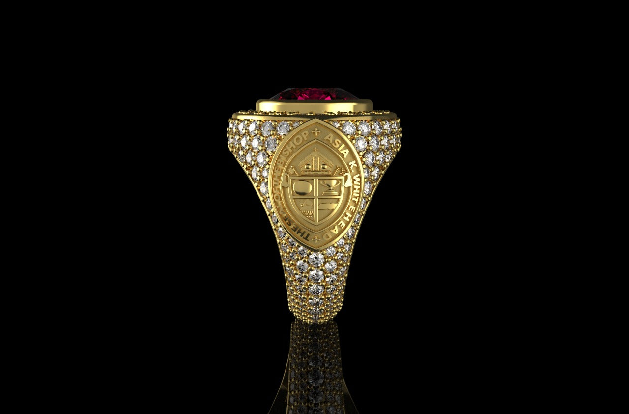 14k yellow gold mens custom made ruby bishop style diamond ring