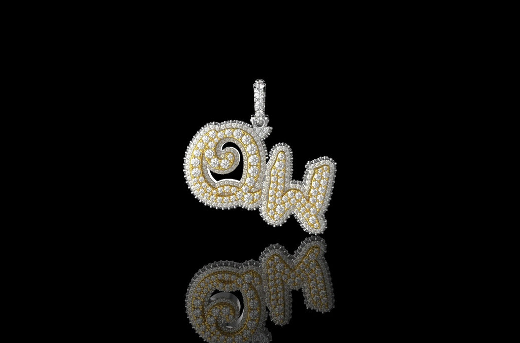 14K 2 TONE YELLOW AND WHITE GOLD DOUBLE LAYER CUSTOM MINI "QW" STYLE DIAMOND PENDANT