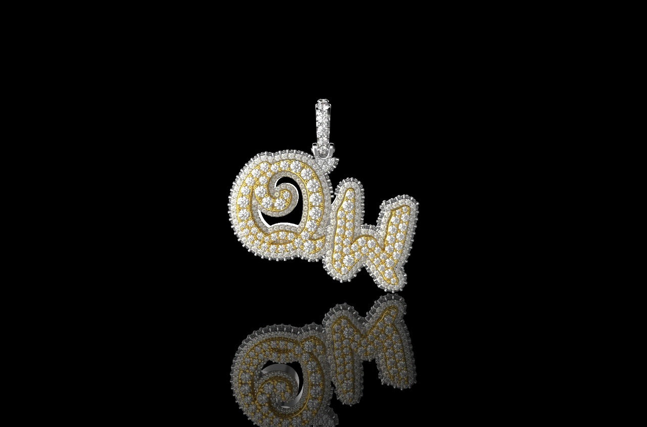 14K 2 TONE YELLOW AND WHITE GOLD DOUBLE LAYER CUSTOM MINI "QW" STYLE DIAMOND PENDANT