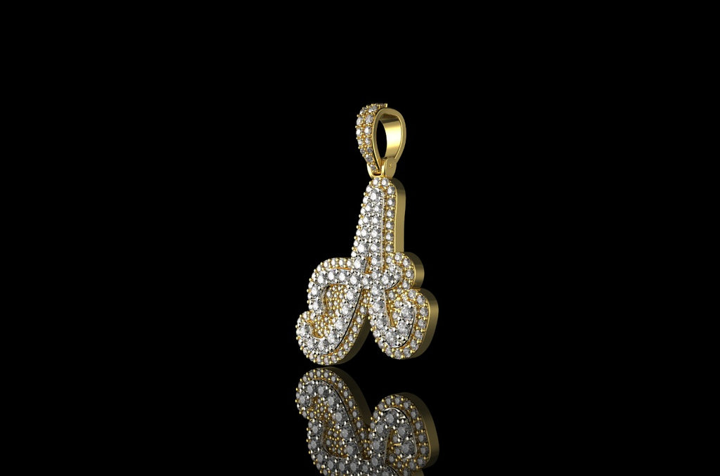 14k 2 tone yellow and white gold double layer Script initial A diamond pendant