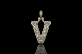 14k 2 tone yellow and white gold double layer initial V diamond pendant