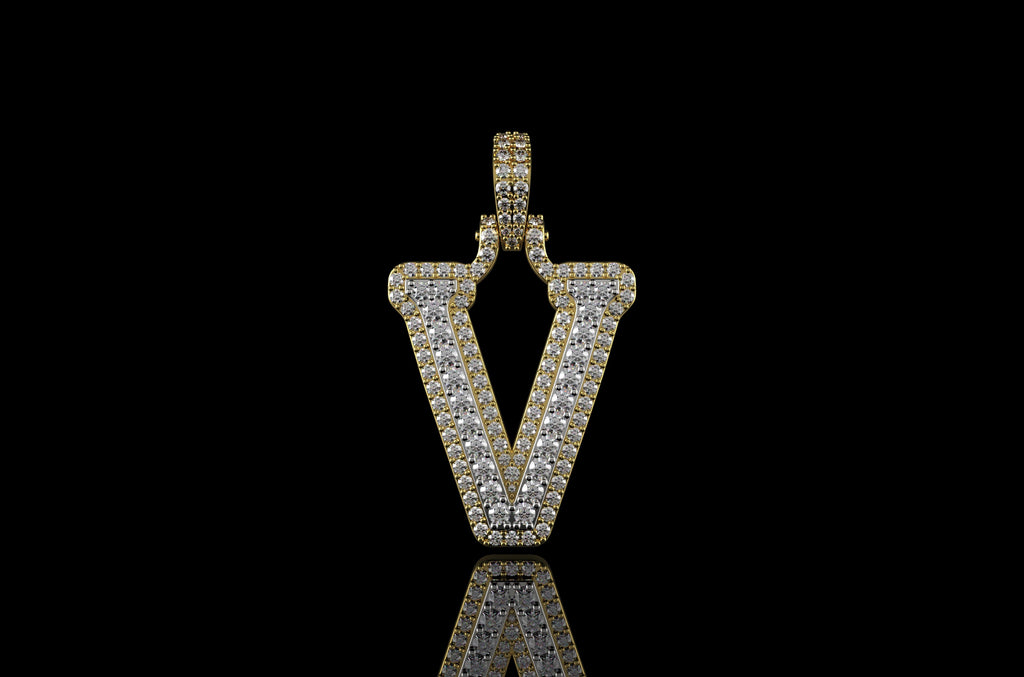14k 2 tone yellow and white gold double layer initial V diamond pendant