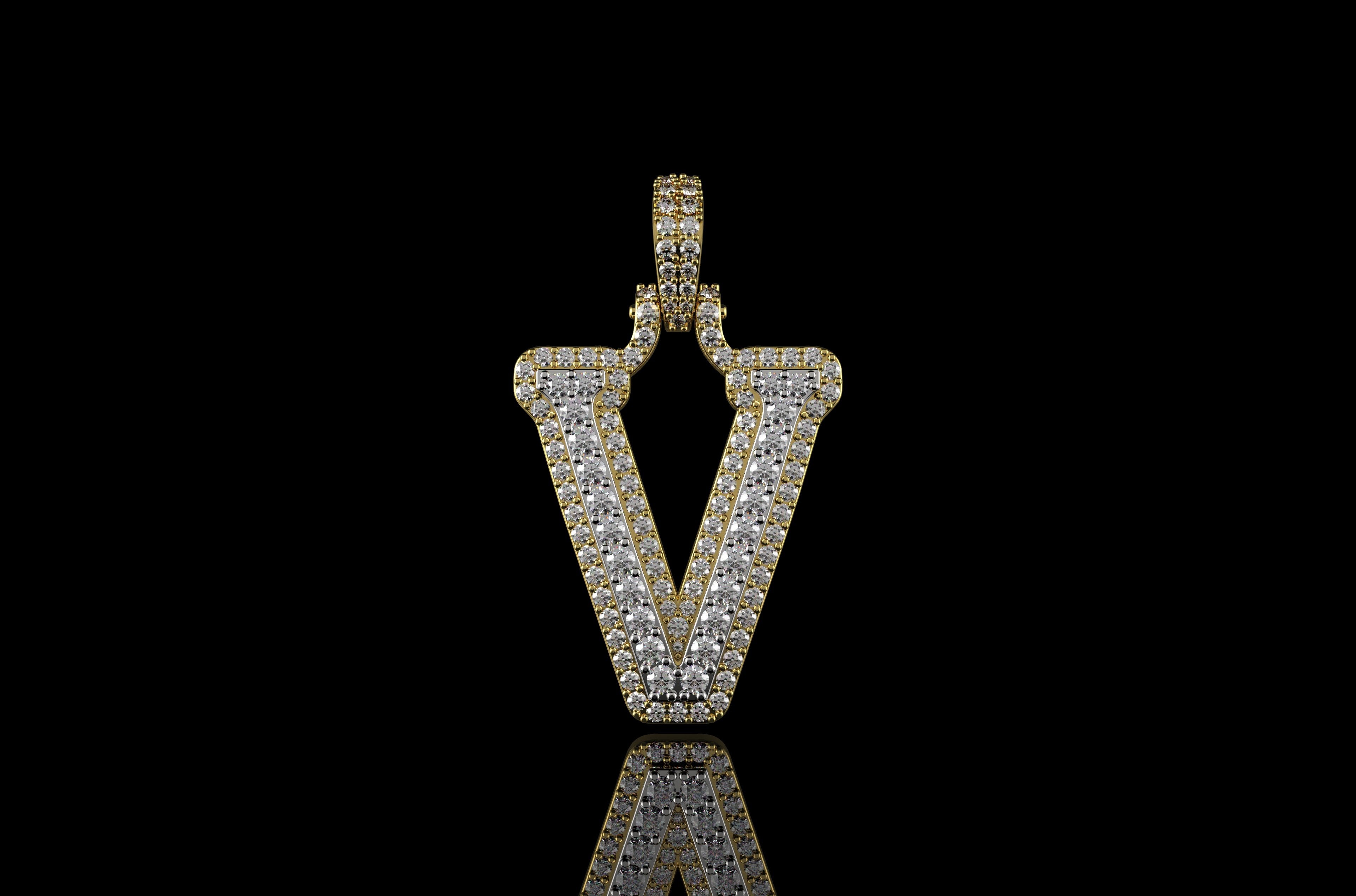 14k 2 tone yellow and white gold double layer initial V diamond pendant