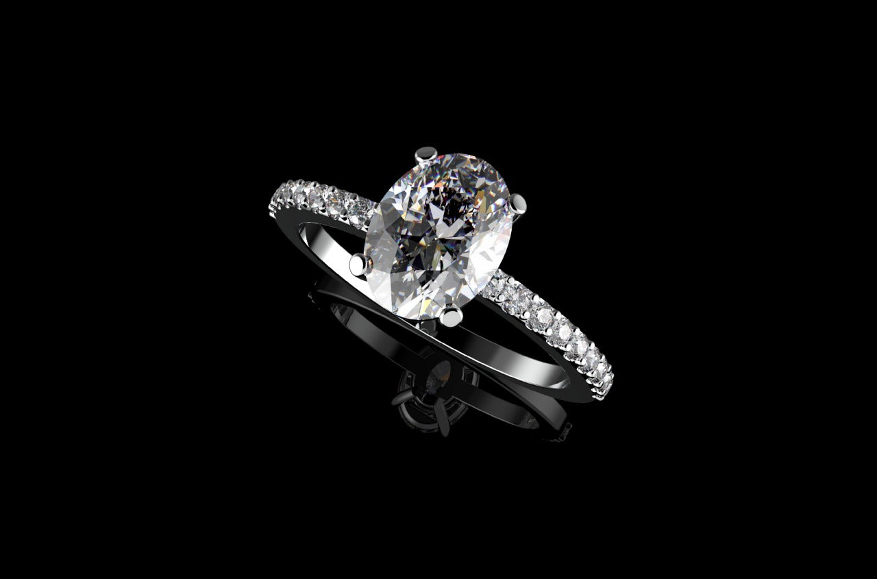 18k white gold oval shape solitaire diamond engagement ring with classic diamond band