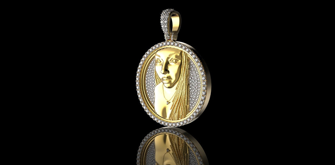 14K YELLOW GOLD CUSTOM ROUND FEMALE MEDALLION DIAMOND PENDANT