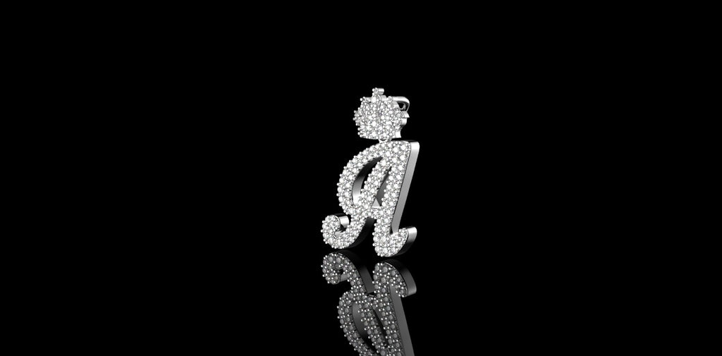 14K WHITE GOLD CUSTOM DIAMOND INTIAL "A" WITH "DIAMOND CROWN" STYLE PENDANT