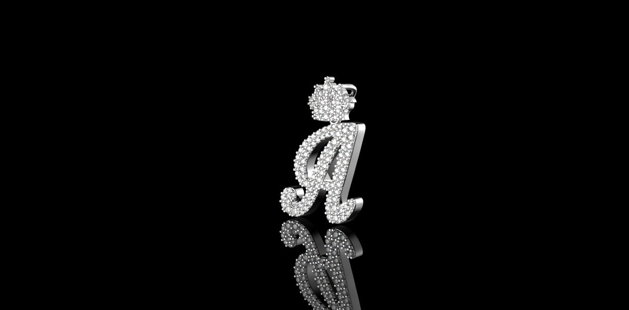 14K WHITE GOLD CUSTOM DIAMOND INTIAL "A" WITH "DIAMOND CROWN" STYLE PENDANT