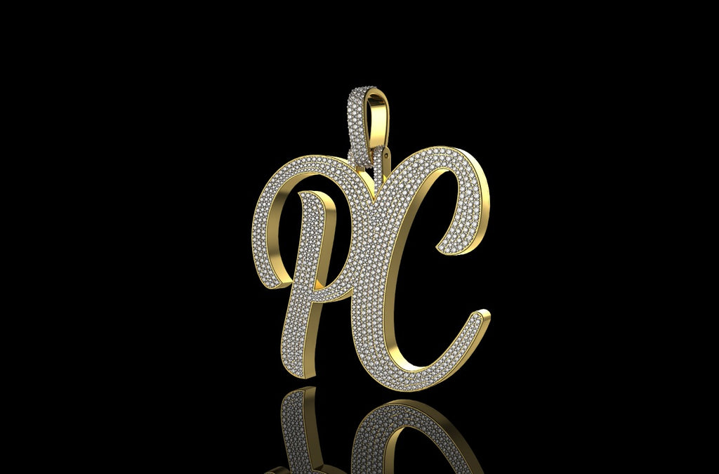 14k yellow gold custom large 3d "PC" style diamond pendant