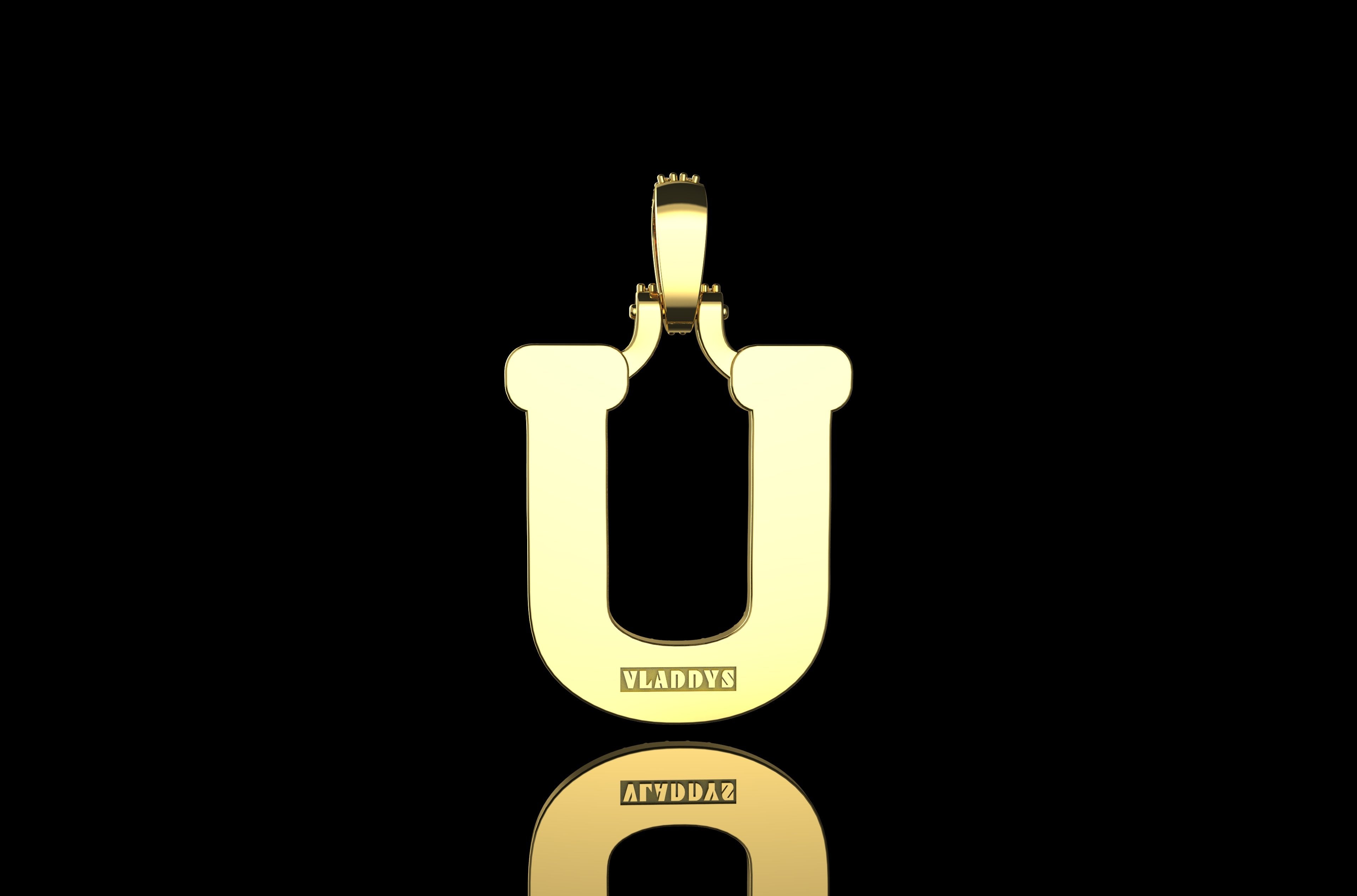 14k 2 tone yellow and white gold double layer initial U diamond pendant