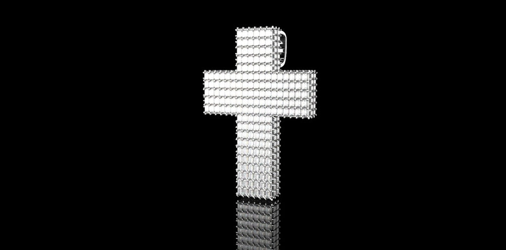 14K WHITE GOLD CUSTOM DIAMOND BAGUETTE CROSS DIAMOND PENDANT