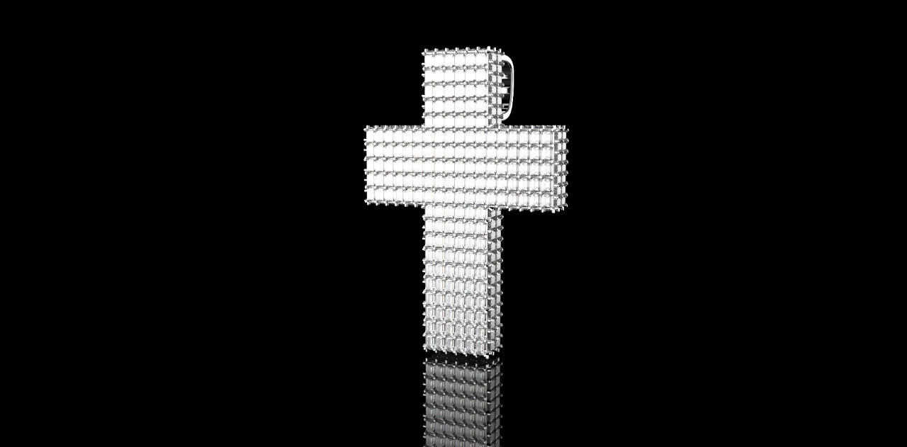14K WHITE GOLD CUSTOM DIAMOND BAGUETTE CROSS DIAMOND PENDANT