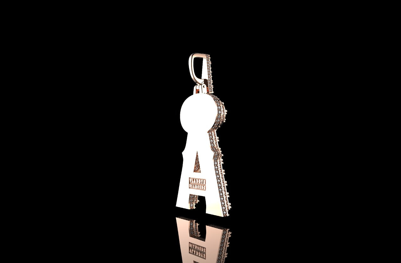 14k rose gold double layer custom initial "a" diamond pendant with profile diamonds