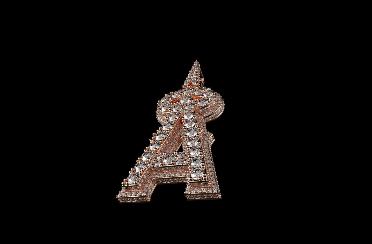 14k rose gold double layer custom initial "a" diamond pendant with profile diamonds