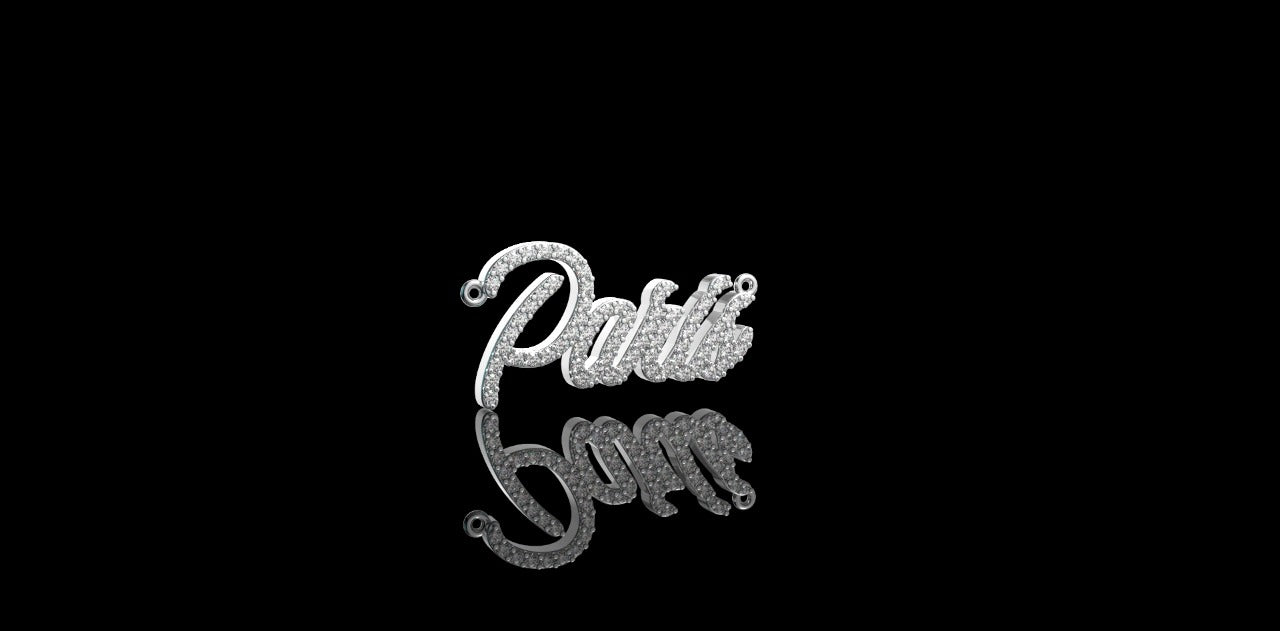 14k white gold Script "Paris" style custom diamond pendant