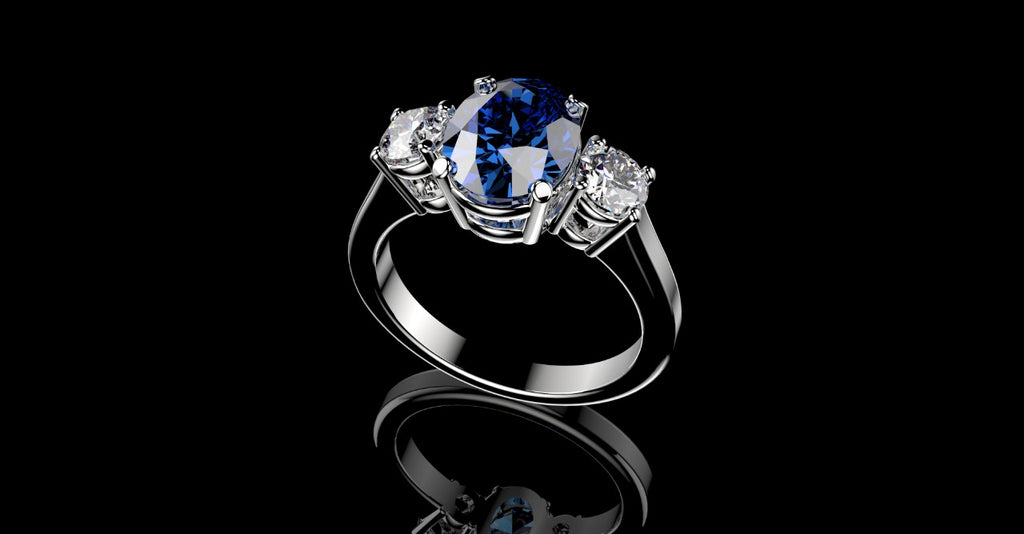 18k white gold custom 3 stone oval sapphire diamond engagement ring
