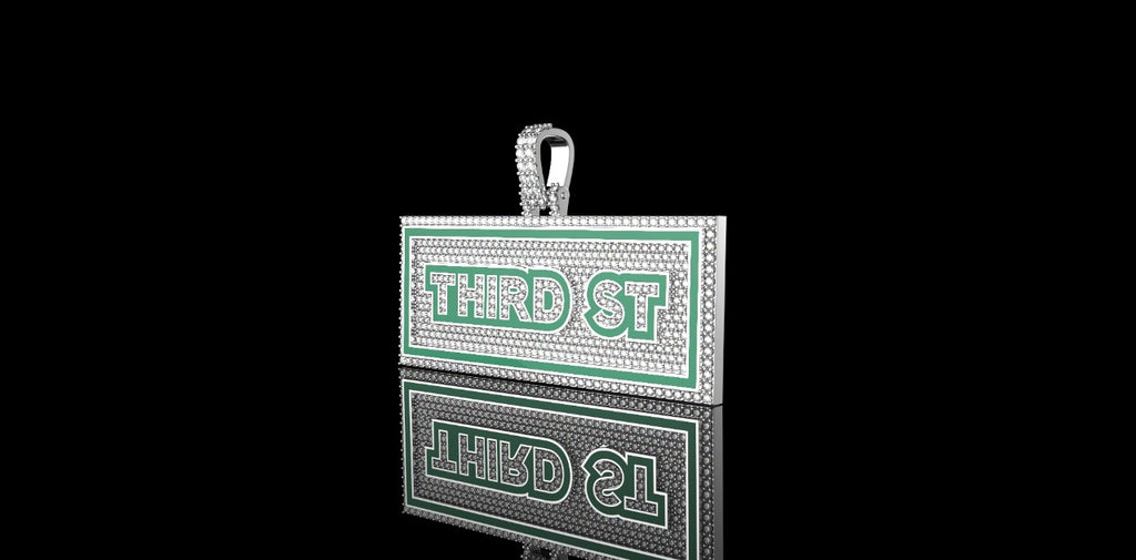 14K WHITE GOLD CUSTOM "3RD STREET" STYLE DIAMOND PENDANT WITH ENAMEL