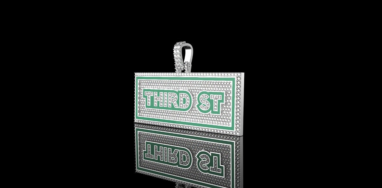 14K WHITE GOLD CUSTOM "3RD STREET" STYLE DIAMOND PENDANT WITH ENAMEL
