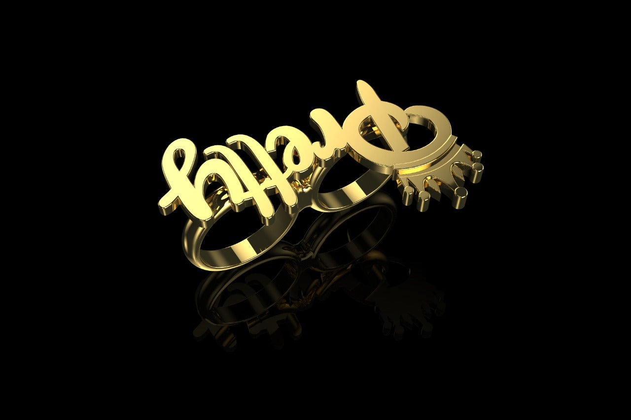 14k yellow gold "pretty" with crown style double finger ring