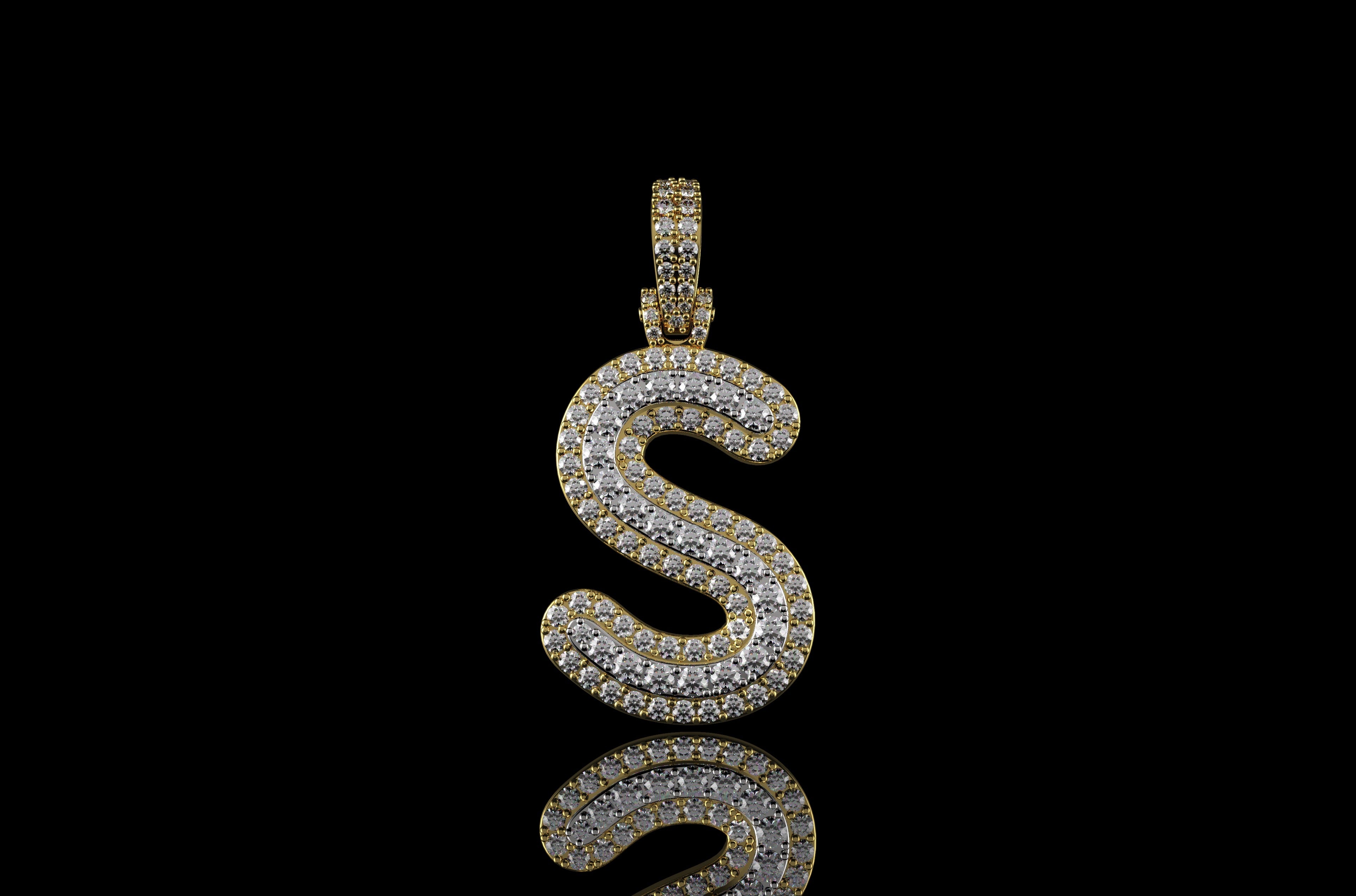 14k 2 tone yellow and white gold double layer initial S diamond pendant