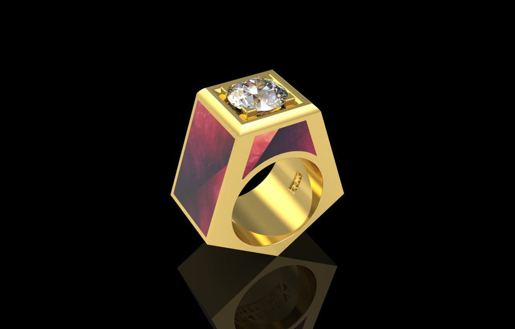 14k yellow gold custom made 5.00ct diamond ring with custom red onyx stone