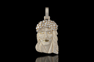 14k yellow gold large custom Jesus head diamond pendant multi shape crown stones
