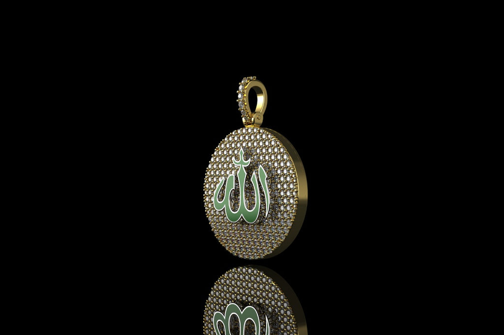 14k yellow gold custom "allah" green enamel round medallion diamond pendant