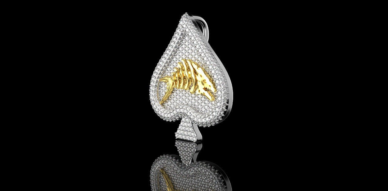 14K 2 TONE YELLOW AND WHITE GOLD CUSTOM "SPADE FISH SCALE" STYLE DIAMOND PENDANT